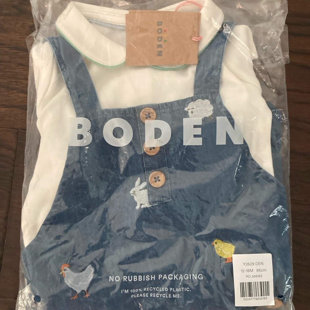 Boden Blue baby Overalls with Animal Embroidery
